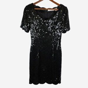 Vintage 90s Niteline Black Sequin Beaded Dress 8 Scallop Trim Cocktail Party
